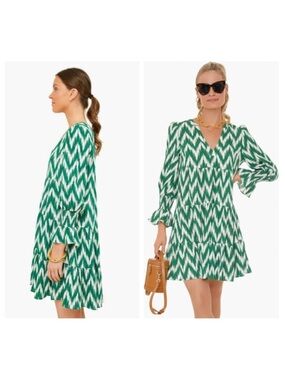 Pomander Place Tuckernuck Green White Ikat Zig Zag Print Tiered Dress Size M